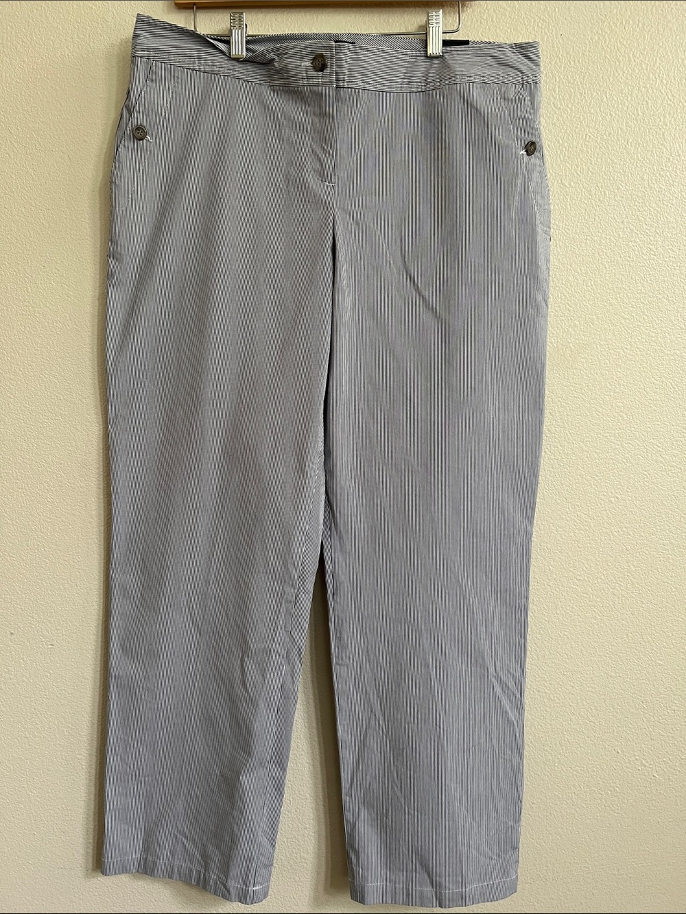 IZOD Wide-Leg Stretch Pants Trousers Seersucker Pinstripe Blue/White Women's 16
